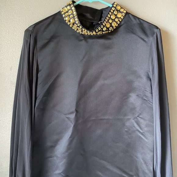 Red Valentino Silk Long Sleeve Black Top W/ Gold Embellished Collar &Wrist Decor - Picture 1 of 6